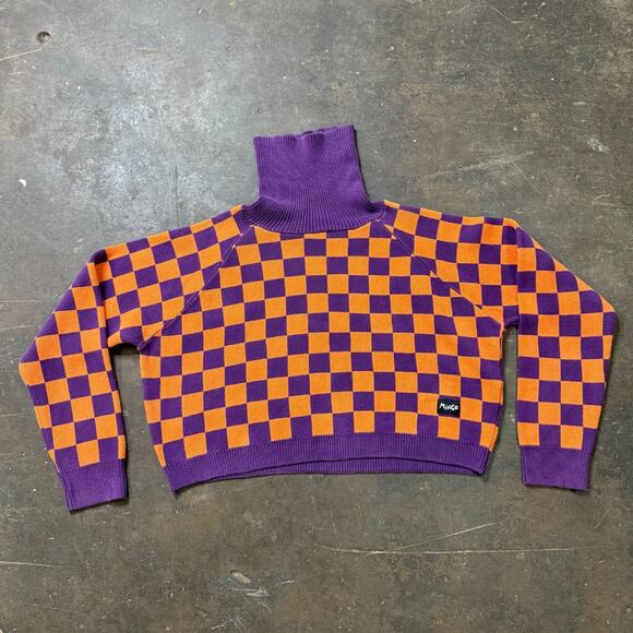 MINGA LONDON Turtleneck Checkered Sweater Cropped M/L Womens Knit Pullover - Picture 1 of 8